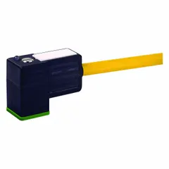 Single-ended cordset with DIN Form CI female right-angle connector on one end and bare wire on the other. Features a 5 m PUR cable in yellow, 18 AWG wire size, and IP67 rating. Used for connecting solenoid valves, sensors, and actuators in industrial automation systems.