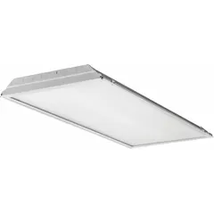 This 2 ft x 4 ft LED troffer delivers 7,645 lumens at 4000K color temperature, consuming 53.2 watts. It operates on 120 to 277V AC input and accommodates (4) T8 lamps. Designed for recessed installation in commercial ceilings, it provides even illumination for general lighting applications.