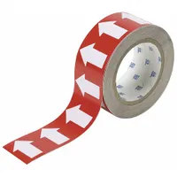 This vinyl pipe marker tape features a red background with white arrow legend to indicate flow direction in piping systems. The 4-inch wide, 90-foot roll provides continuous banding for industrial pipe marking applications. Non-reflective material suitable for indoor use