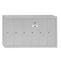 Vertical multi-unit mailbox with 6 lockable front-access doors. Surface-mount design for wall installation. Dimensions: 19 in H x 35 1/4 in W x 7 1/2 in D. Suitable for secure mail distribution in multi-tenant residential or commercial buildings.