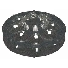 Fixed centrifuge rotor designed to accommodate eight 100 mL pear-shaped flasks. Overall diameter of 11 3/8 inches. Used in laboratory centrifugation for separation of liquids or particles in chemical, pharmaceutical, and research applications.