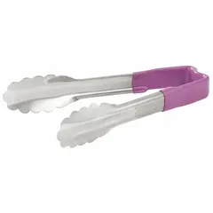 Stainless steel tongs with a purple coated handle, 6 inches overall length. NSF certified. Suitable for serving and handling food in commercial foodservice settings.