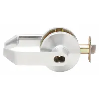 Storeroom lever lockset with ANSI F86 function, allowing key-only entry from outside and free egress from inside. Dane-style lever in satin chromium-plated zinc finish. ADA compliant. No visual indicator. For interior doors in commercial settings requiring secure access control
