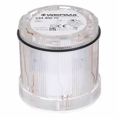 Steady light module for continuous visual signaling in industrial control panels and automation systems. Operates on 24V DC with a clear lens. Compatible with the KombiSIGN 71 series. Overall diameter 70 mm, height 66 mm.
