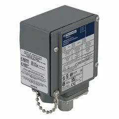 This pressure switch from the TELEMECANIQUE SENSORS 9012G Series is designed for machine tool applications requiring resistance to liquids and corrosion. It features a single 1/4-18" FNPT pressure connection port and operates over a 3 psi to 150 psi range. Suitable for monitoring and controlling pressure in coolant systems, hydraulic presses, and other wet industrial environments.