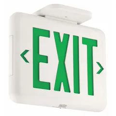 Plastic LED exit sign with universal field-selectable chevron directional indicators. Green text on white housing. Operates on 120/277 V AC. Not battery powered, not remote capable, no self diagnostics. For ceiling, end, or wall mounting with one or two faces.