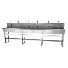Battery-powered, sensor-activated six-station freestanding wash station with a 117-inch bowl length, 8-inch bowl depth, and 0.5 gpm flow rate. Suitable for high-traffic commercial or industrial settings requiring multiple simultaneous handwashing stations.