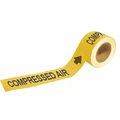 Yellow adhesive pipe marker with yellow legend text and arrows, reading 'Compressed Air'. Fits pipe outer diameters from 2-1/2 to 6 inches. Supplied on a roll of 25 markers for labeling compressed air lines in industrial piping systems.