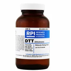 RPI DTT (DL-Dithiothreitol), also known as Cleland's Reagent, is a lab-grade protease inhibitor supplied as a powder in a 100 g glass container. It is certified BSE/TSE Free and is used in biochemistry and molecular biology to reduce disulfide bonds in proteins and maintain reducing conditions.