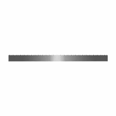 This hook-tooth band saw blade is designed for cutting fresh meat and frozen food products. It features a hook cutting edge and measures 107 inches in length and 5/8 inch in width. Suitable for use in food-processing environments such as butcheries and meatpacking plants.