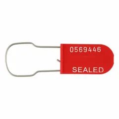 Plastic hasp padlock seals with a 1 5/8 in lock length and 8 lb breaking strength. White sequential numbering is included for identification. Suitable for tamper-evident security on meters, valves, and utility enclosures. Supplied in a 100-pack.