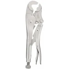 Lever-type locking pliers with V-shaped jaws for gripping round or irregular workpieces. Overall length 10 in, jaw length 1-1/4 in, maximum jaw opening 1-1/8 in. Plain grip handles. Suitable for clamping tasks in metalworking, plumbing, and general maintenance.