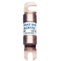 The MERSEN ACK175 is a 175 A, 125 V DC time-delay bolt-on fuse from the ACK series. It is a non-indicating, general-purpose fuse designed for overcurrent protection in DC circuits. Typical applications include forklifts and other battery-powered industrial vehicles where fault current limitation is required.