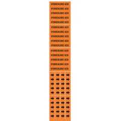 Orange pipe markers with black legend reading 'Hydrochloric Acid', designed for pipes with outer diameter of 3/4 inch and smaller. Each pack contains three markers without directional arrows. Used to label piping systems in industrial facilities, chemical plants, and refineries for clear identification of hydrochloric acid lines.