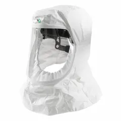 This T200 series component includes a respirator with a full hood featuring an internal face seal, along with an air duct and head harness assembly. It is used in abrasive blasting systems to provide respiratory protection in industrial environments where airborne particulates are present.
