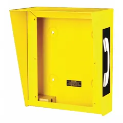 This yellow aluminum enclosure with a polyurethane finish is designed for surface mounting and use with flush-mount telephones. The hooded design provides weather protection, and the corrosion-resistant construction suits outdoor or industrial environments.