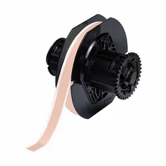 Thermal transfer continuous label roll measuring 1/2 in x 100 ft. Made of vinyl with a pink gloss finish, rated for outdoor use. Compatible with BBP35 printer series. Suitable for pipe marking, safety warnings, and asset identification in industrial environments.