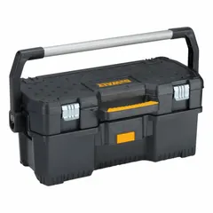 This plastic tool box from DEWALT measures 24 inches wide by 26 3/8 inches deep by 11 3/16 inches high. It features a black exterior with yellow foam interior, a detachable lid, and a latch closure. Suitable for storing and transporting tools and equipment in workshops, job sites, and industrial environments.