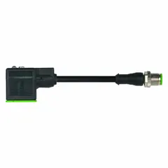 This cordset connects a DIN Form A solenoid connector to an M12 male straight interface. It features a 0.3 m PUR black cable, 3 pins, 18 AWG wire, and IP67 rating. Used for linking solenoid valves or sensors to control systems in industrial automation.