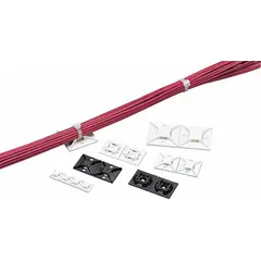 Adhesive mount cable tie base for securing cables on flat surfaces. Measures 1 in L x 1 in W x 0.2 in H with a 0.2 in slot width and 0.06 in slot height. Compatible with miniature, intermediate, and standard cable ties. Color: Black. Pack of 500.
