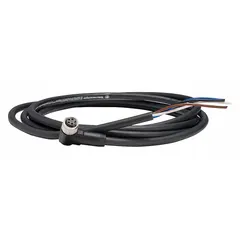 Single-ended cordset with a black PUR jacket for twisting applications. Features an M8 female right-angle connector on one end and bare wire on the other, with 4 pins, 18 AWG wire size, and 2 m cable length. Rated IP65. Suitable for connecting sensors to controllers in industrial environments where resistance to oils and abrasion is required.