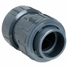 Inline ball check valve with PVC body and FKM seal. Prevents backflow in piping systems handling corrosive fluids. True union socket connection for 2 in pipe. Suitable for chemical processing, water treatment, and industrial applications.