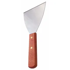 This grill scraper features a stainless steel blade measuring 4 3/4 inches long and 4 inches wide, attached to a wood handle. It is designed for cleaning grates and cooking surfaces in commercial or residential kitchens. The overall length is 9 1/2 inches. Not NSF certified.