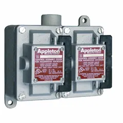 This two-gang rocker-arm tumbler switch is a 1-pole, 20 A, 277 V AC unit with a dead-end hub and 1/2 in hub size. It is used for on/off control of lighting and motor circuits in industrial environments requiring robust switching.