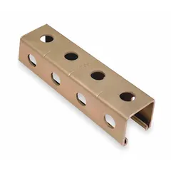 12-gauge electroplated steel single strut channel with punched holes on three sides. Holes are 9/16-inch diameter spaced 1-1/2 inches center to center. Used for mounting and support of electrical, mechanical, and industrial equipment in commercial and industrial construction.