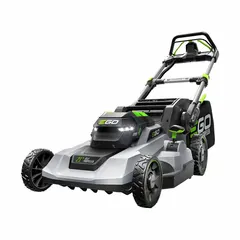 This battery-powered lawn mower features a 21-inch cutting width and a plastic deck. It offers bagging, mulching, or side discharge options. The mower provides a 50-minute run time, variable speed settings, and single-point cutting height adjustment. It operates on the EGO POWER+ battery platform and includes a battery in the kit.