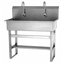This two-station freestanding wash station features sensor-activated faucets for hands-free operation. Constructed from 16-gauge material with a 37-inch bowl length and 8-inch bowl depth, it delivers a flow rate of 2 gpm. AC powered, it is suitable for commercial and industrial hand-washing applications. Side splash not included.