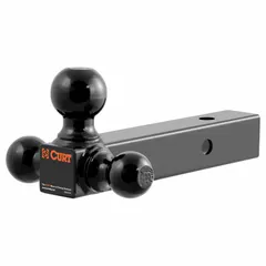 This CURT ball mount with hitch ball is a non-adjustable, single-piece unit made of carbon steel with a UV-resistant powder coat finish. It accommodates three ball diameters (2 in, 1-7/8 in, 2-5/16 in) for use with various trailer couplers. Rated for Vehicle Class IV, it is suited for towing applications such as trailers, boats, and campers. Backed by a limited lifetime warranty (1 year finish, 1 year parts).