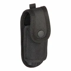 This black nylon tool holster is designed to carry screwdrivers on a belt. It features a snap closure and a swivel clip that attaches to belts up to 2 3/8 inches wide. Suitable for maintenance and construction tasks where quick access to screwdrivers is needed.