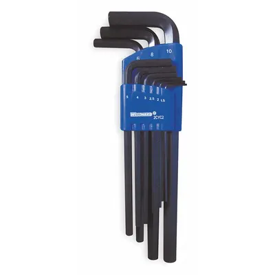 WESTWARD Hex Key Set: 6 - 10 Pieces, L, Metric, Std End, Long, 9 Pieces, Organizer - L-Shaped Hex Key Sets