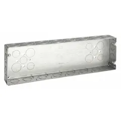 This steel electrical box is a multigang rectangular enclosure with 6 gangs. It is designed for housing wiring connections and devices in commercial or industrial installations, accommodating multiple switches or receptacles in a single enclosure. The box has no clamps and no bracket.