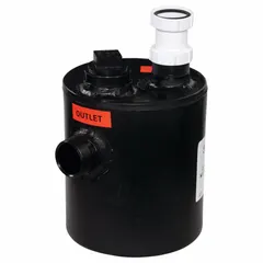 Plastic dilution tank with an inlet for controlled mixing and containment of liquid waste. Overall diameter 9 in, width 9 in, depth 10 in. Suitable for use in industrial and laboratory settings where safe dilution and trapping of chemicals is required.