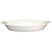 Oven-safe vitrified stoneware dish in American White finish. Overall dimensions 8 1/2 in length, 4 1/8 in width, 1 1/4 in depth. Suitable for preparing and serving Welsh rarebit, au gratin dishes, and individual casseroles in foodservice operations