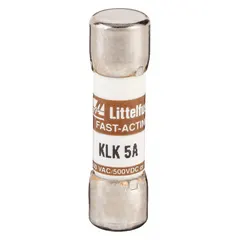 Fast-acting cylindrical fuse rated 5 A, 600 V AC and 500 V DC. Midget style with dimensions 13/32 in x 1 1/2 in. Used for overcurrent protection in control panels, motor starters, and power supplies.