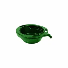 Green polyethylene drain pan with 4 gal capacity, 17 3/4 in diameter, and 5 1/2 in height. Used to catch and contain fluids such as oil or coolant during equipment maintenance in automotive, industrial, and plant-floor settings.