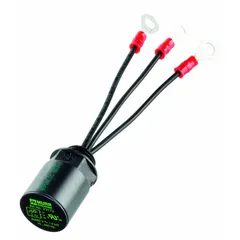 Varistor motor suppressor for box-mount installation, rated 690 V AC, 10 to 400 Hz, and 7.5 kW. Features single-core connection with isolated M6 terminals and 100 mm cable length. Used in motor control circuits to suppress voltage transients and reduce electrical noise.