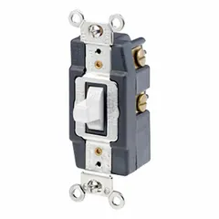This toggle wall switch from LEVITON features a Single Pole/Double Throw (SPDT) maintained configuration, allowing control of two separate circuits from one location. Rated for 120/277V AC and 20 A, it is suitable for switching lighting or other loads in commercial and industrial settings. The non-illuminated white finish suits standard wall-box installations.