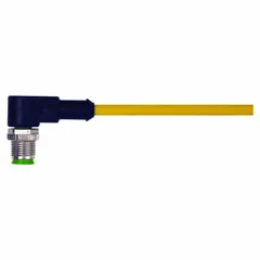 Single-ended cordset with an M12 male right-angle connector on one end and bare wire on the other. Features 4 pins, 22 AWG wire, a yellow PVC jacket, and a 10 m cable length. Rated IP67 and 4 A maximum current. Suitable for connecting sensors or actuators in industrial automation and packaging equipment.