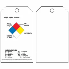 Polyester safety tag, rectangle, 5 3/4 in height by 3 in width, 0.01 in thick. Rated for indoor and outdoor use. English text. Includes 25 nylon ties. Not laminated. Used for safety identification and lockout/tagout procedures on equipment, valves, and electrical panels in industrial facilities.