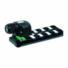 Passive sensor junction block with 8 ports, each featuring a 5-pole M12 female connector rated at 4 A. The plastic housing provides IP65 protection. Used to consolidate multiple sensor signals in industrial automation and machinery wiring.