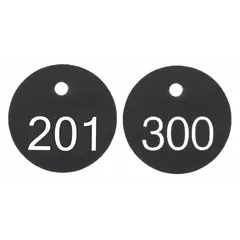 Plastic valve tags, 1 1/8 in diameter, 0.065 in thick, with black/white coloring and engraved numbers 201-300. Supplied in a 100-pack. Used for identifying valves, pipes, and equipment in industrial facilities.