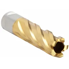 High-speed steel annular cutter with TiN coating for general cutting applications. Features a 5/8 in cutter diameter and 2 in max cutting depth. Designed for use with magnetic drill presses in metal fabrication and structural steel work.