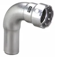 Press-fit elbow fitting for potable water systems, constructed of stainless steel with FKM seals. Connects 2 in pipe to 2 in CTS to 2 in pipe. Suitable for creating leak-free joints in industrial plumbing applications