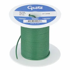 Single-conductor, 20 AWG primary wire with green PVC insulation rated for 60 V. Supplied on a 100 ft spool for general-purpose low-voltage wiring in automotive, marine, and trailer electrical systems.