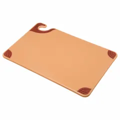 This cutting board is made of co-polymer material in brown color. It measures 18 inches in overall length and 12 inches in overall width. The board is NSF certified for sanitation standards. Used for food preparation tasks such as chopping, slicing, and dicing in commercial kitchens.