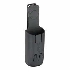 Black plastic tool sheath with one pocket, open-top design, and clip attachment. Accommodates safety cutters and fits belts up to 1-1/2 inches wide. Used in warehousing, packaging, and assembly line environments for convenient tool access.